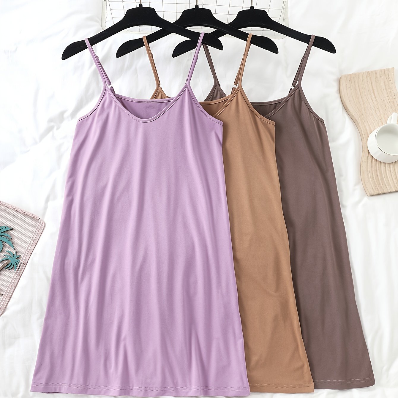 Set of 3 Solid Nightdresses for Women with Crew Neck and Spaghetti Straps