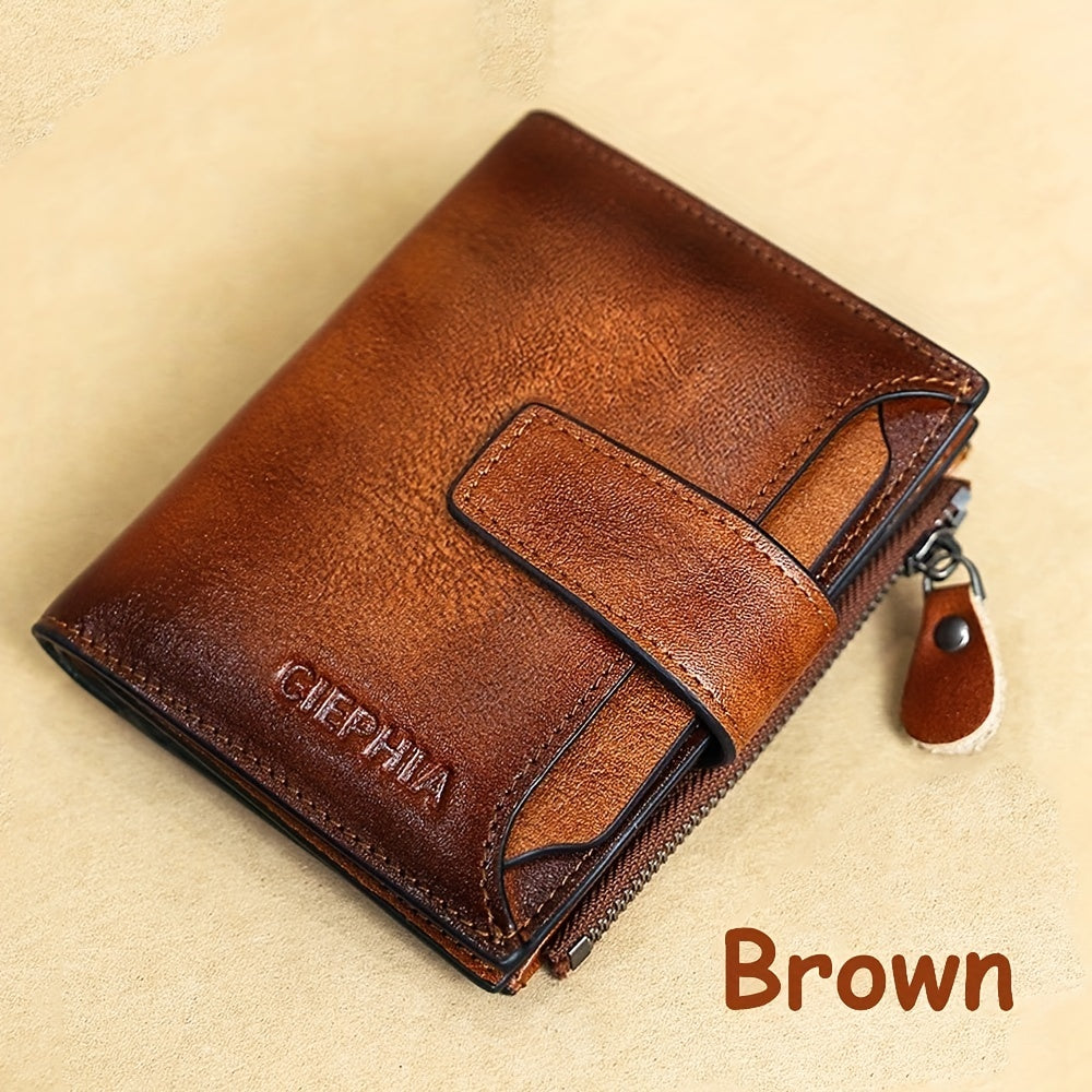 Men's Genuine Leather Wallet RFID Blocking Zipper Coin Pocket Vintage Dark Brown