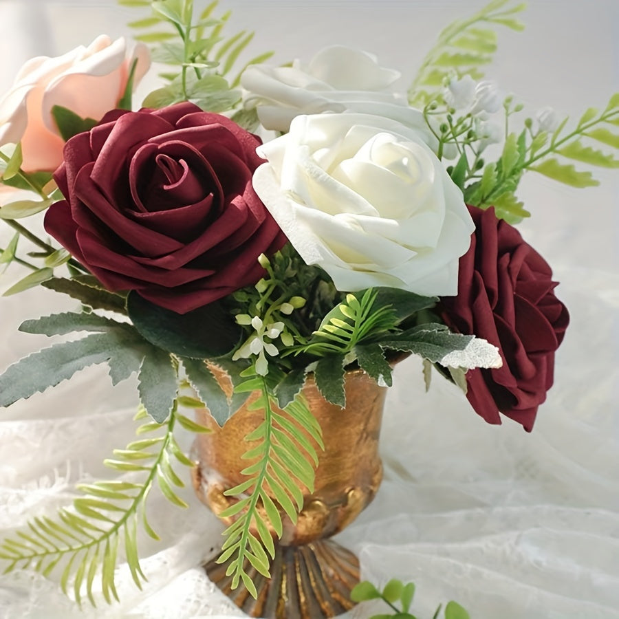 27 искусственных роз из слоновой кости с стеблями и листьями, идеально подходящих для свадебных букетов своими руками, подарков для невесты, центральных композиций и праздничных столов.