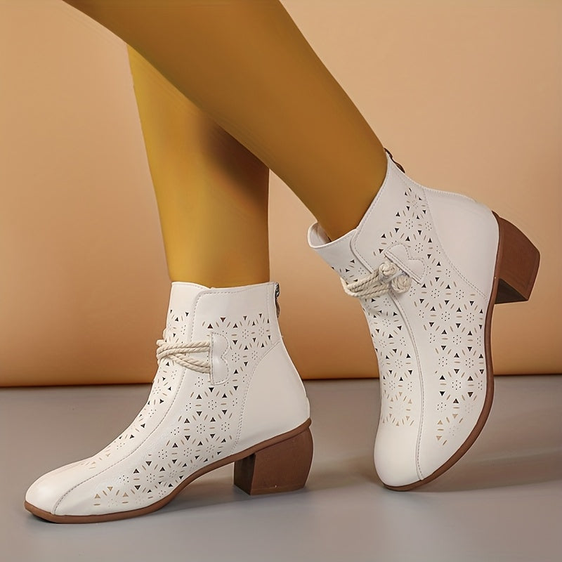 Women's Retro Round Toe Hollow Short Boots with Chunky Heel and Non-slip Sole