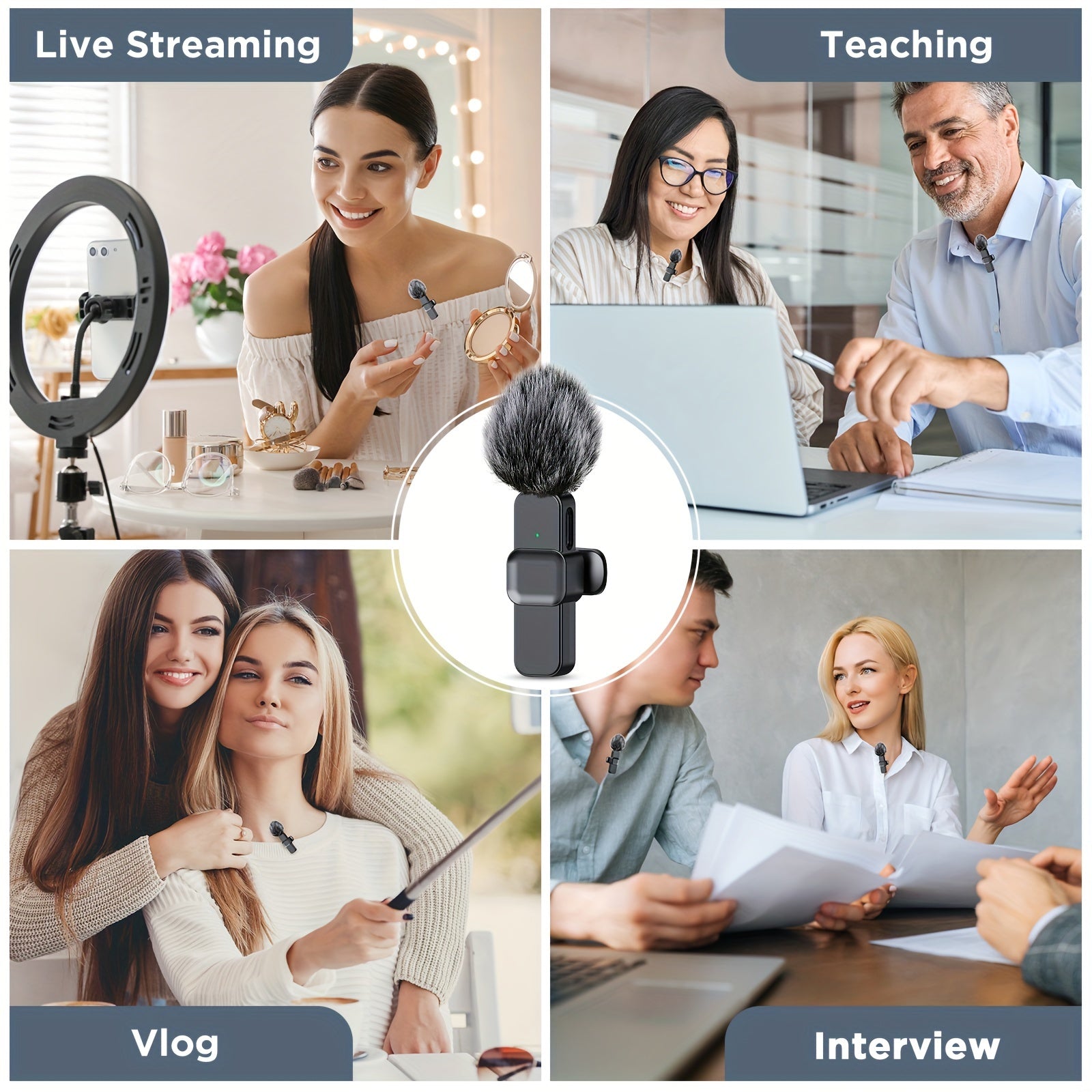 Wireless Clip-On Microphone USB-C Noise Reduction 360° Sound for Streaming Podcast Video