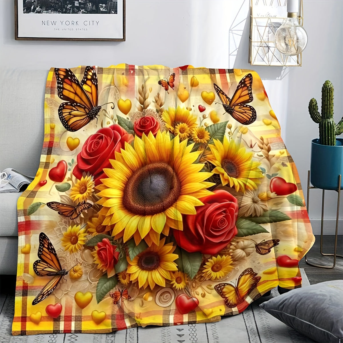 Reversible Sunflower and Butterfly Print Flannel Fleece Throw Blanket for All Seasons