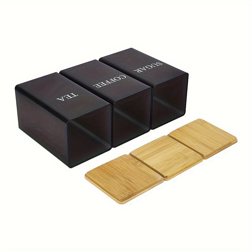 Square Metal Canisters Set with Wooden Lids for Tea Sugar Coffee Storage