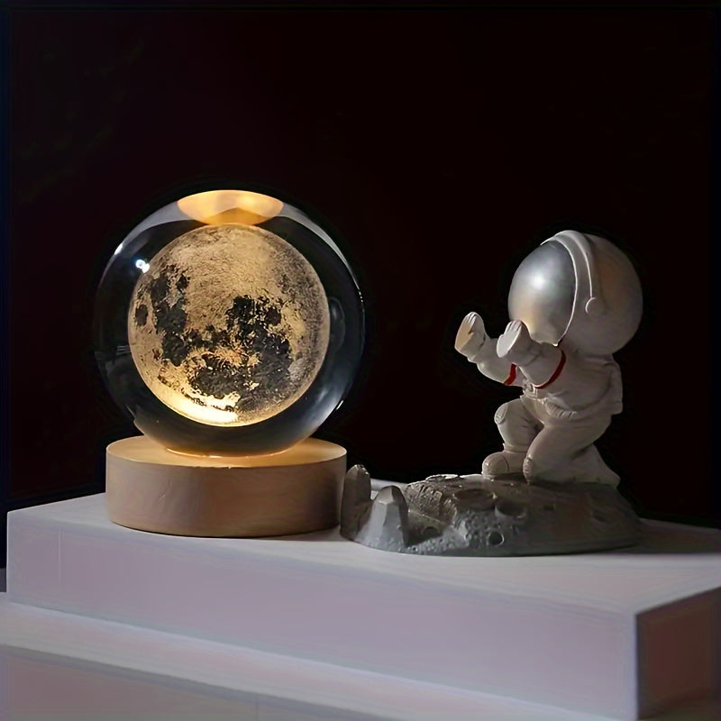 3D Crystal Ball with Solar System and Moon Engraving USB Powered Space Decor for Home Office