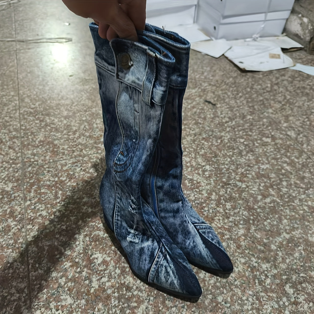 Women's Microfiber Side Zipper Boots Mid Heel Denim Spring Autumn