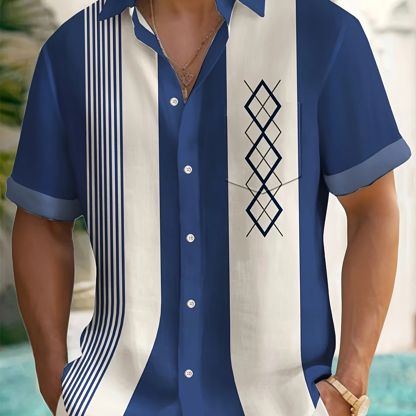 Мужская летняя рубашка с коротким рукавом из ткани с аргайл и полосками для полных мужчин