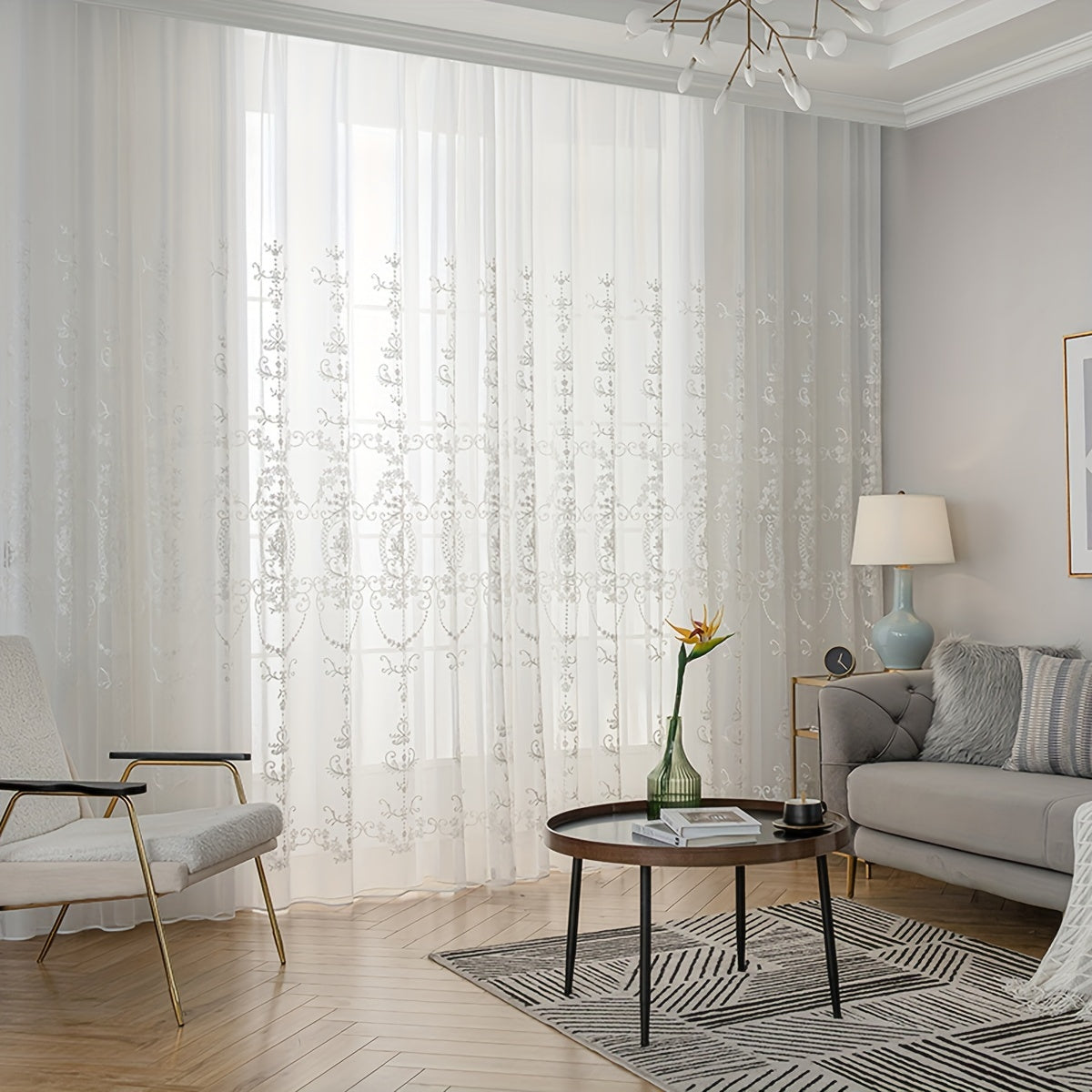 White Sheer Curtain with Geometric Flower Embroidery, Rod Pocket for Living Room Bedroom
