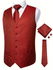 Plus Size Men's Paisley Vest Set with Necktie Hanky Cufflinks for Business Wedding Party