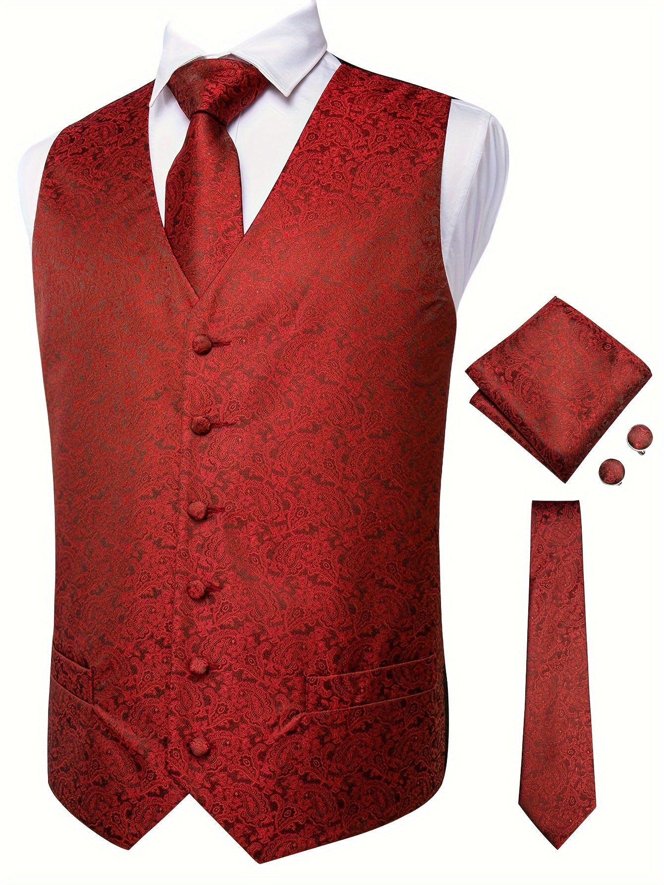 Plus Size Men's Paisley Vest Set with Necktie Hanky Cufflinks for Business Wedding Party