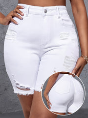 Plus Size White Ripped Denim Shorts for Women Stretchy Spring Summer