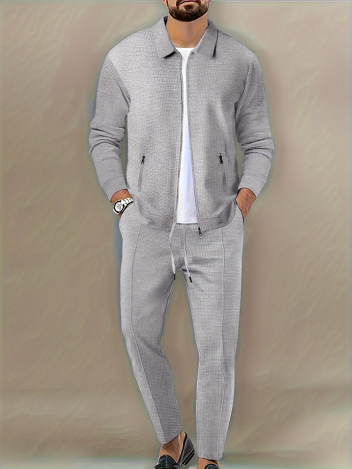 Waffle Texture Polyester Sports Suit with Zipper Lapel Jacket and Long Pants