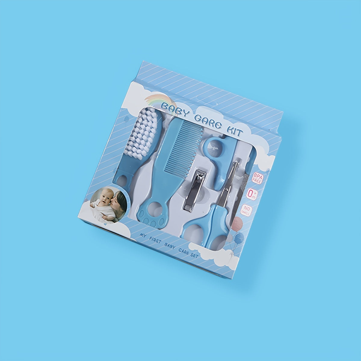 Juego de 6 artículos de cuidado para bebés en una caja con peine, cortaúñas, tijeras, lima de uñas y cepillo