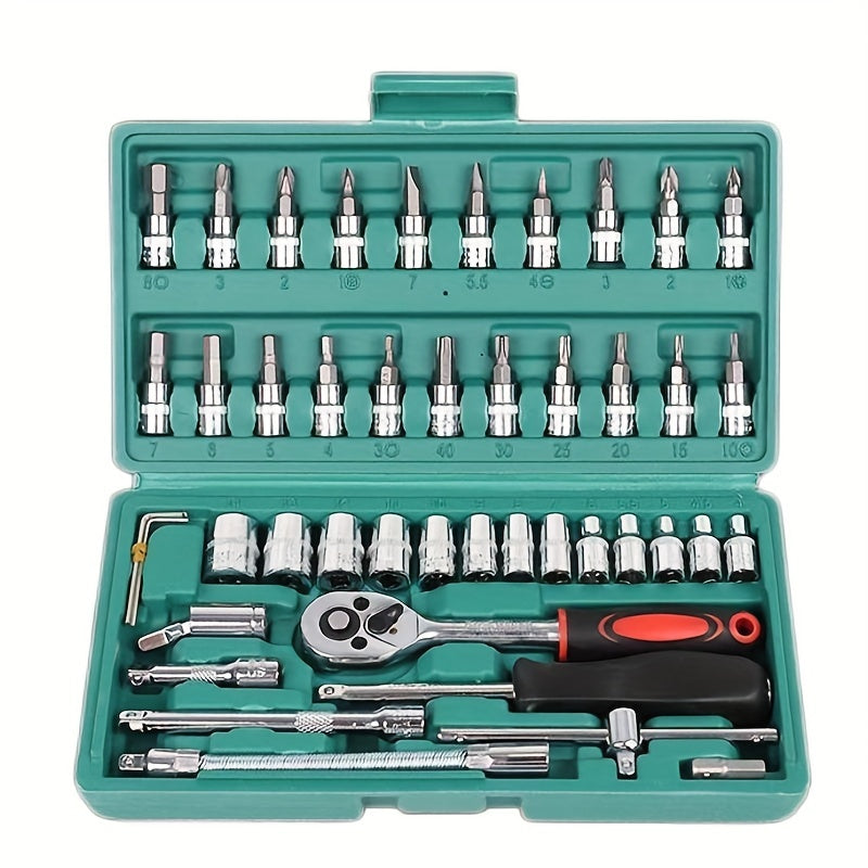 46-Piece Stainless Steel Multi-Function Tool Kit With Red Case For Auto And Bicycle Repair