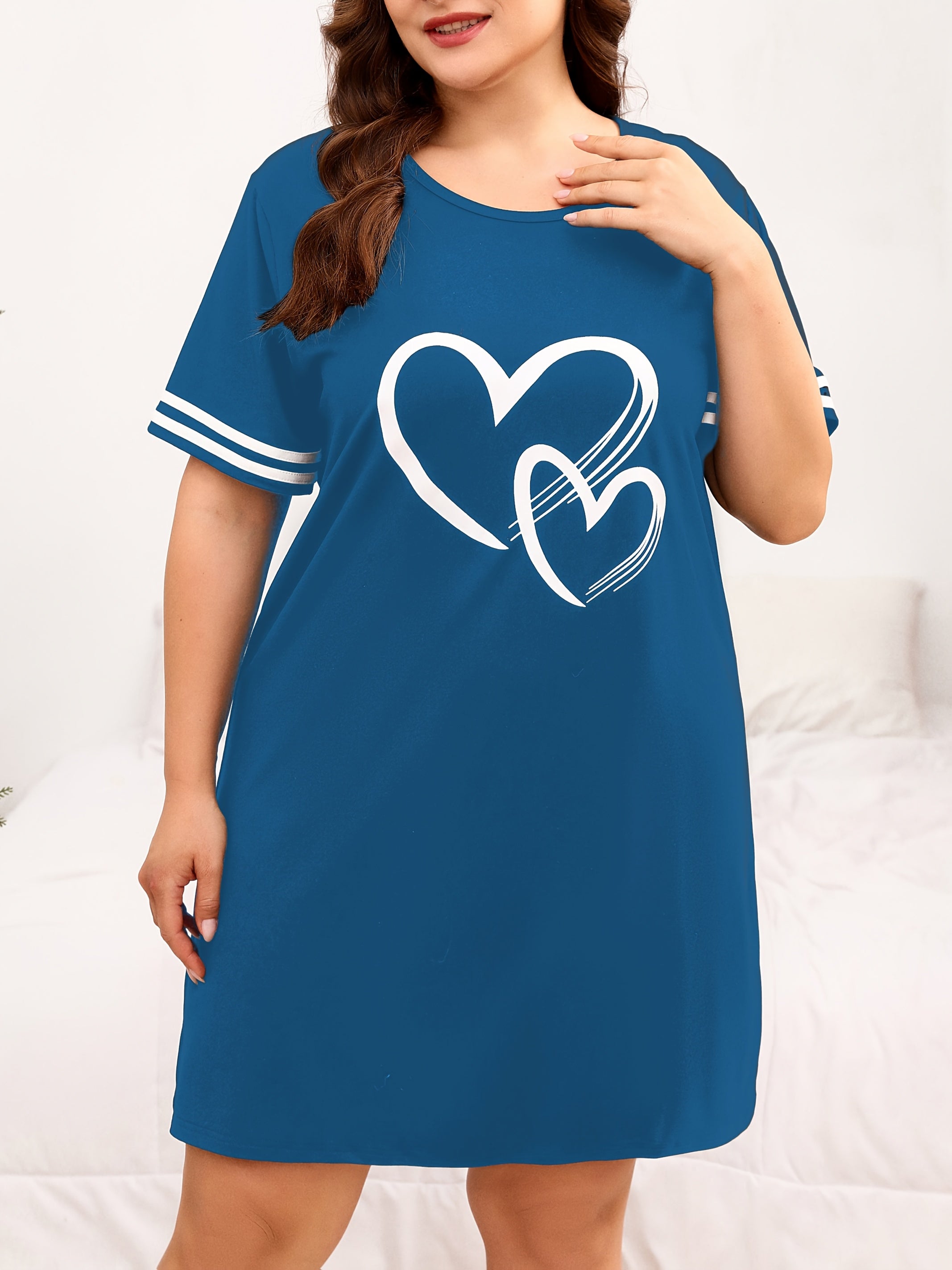 Женская ночная рубашка с коротким рукавом и сердечным принтом, размер плюс, из полиэстера