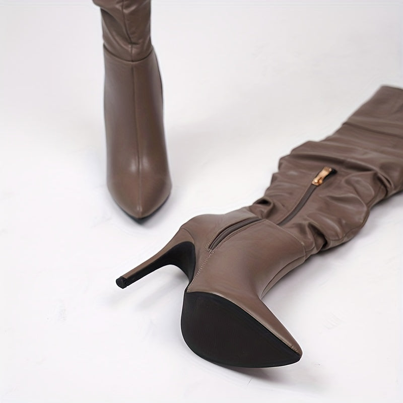 Women's Faux Leather Stiletto Heeled Over Knee Boots With Side Zipper