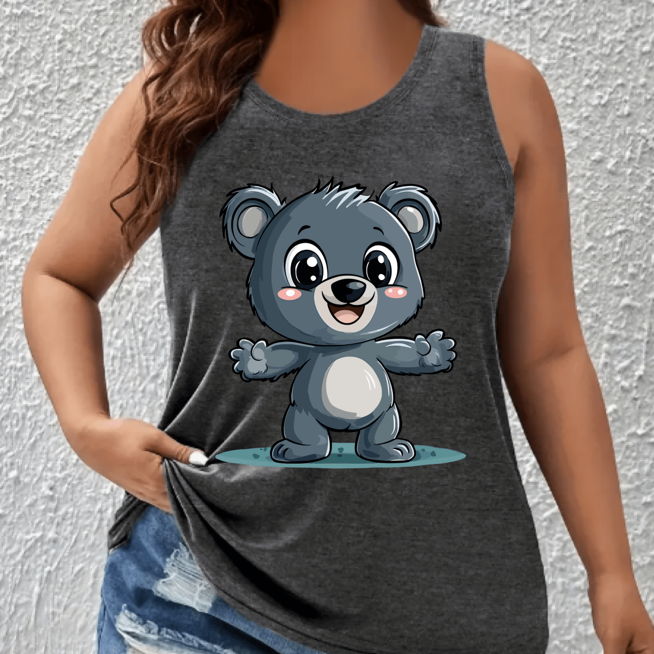 Women's Plus Size Off-Shoulder Vest Top With Cartoon Koala Print Breathable Stretchy Fabric