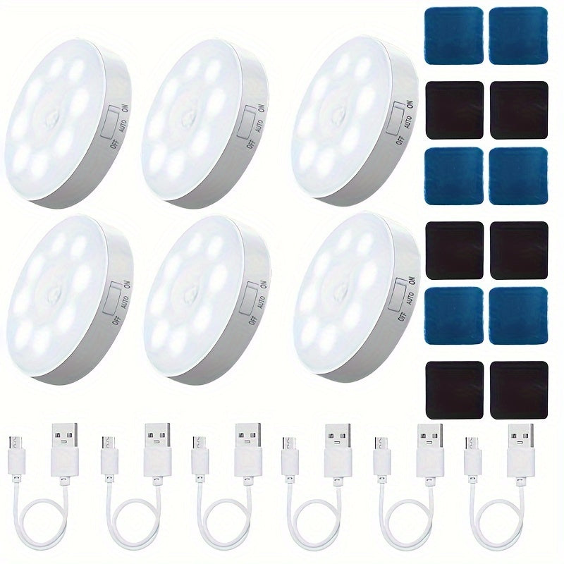 6-Pack USB Rechargeable LED Motion Sensor Lights for Indoor Use with Magnetic Stick-On and Infrared Detection