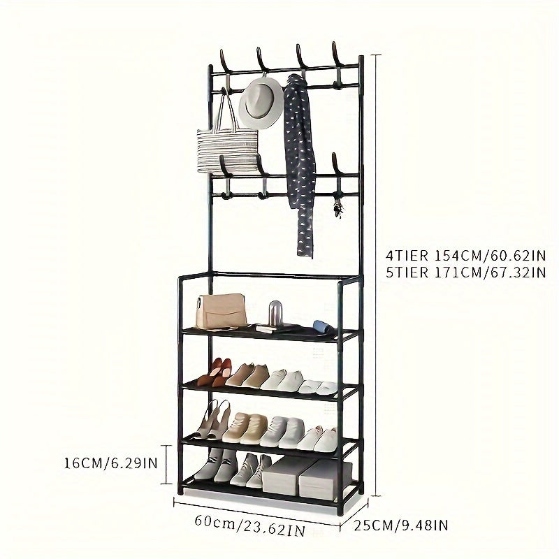 Iron Storage Organizer with 8 Dual Hooks Shoe Rack Coat Hanger for Living Room Bathroom Hallway