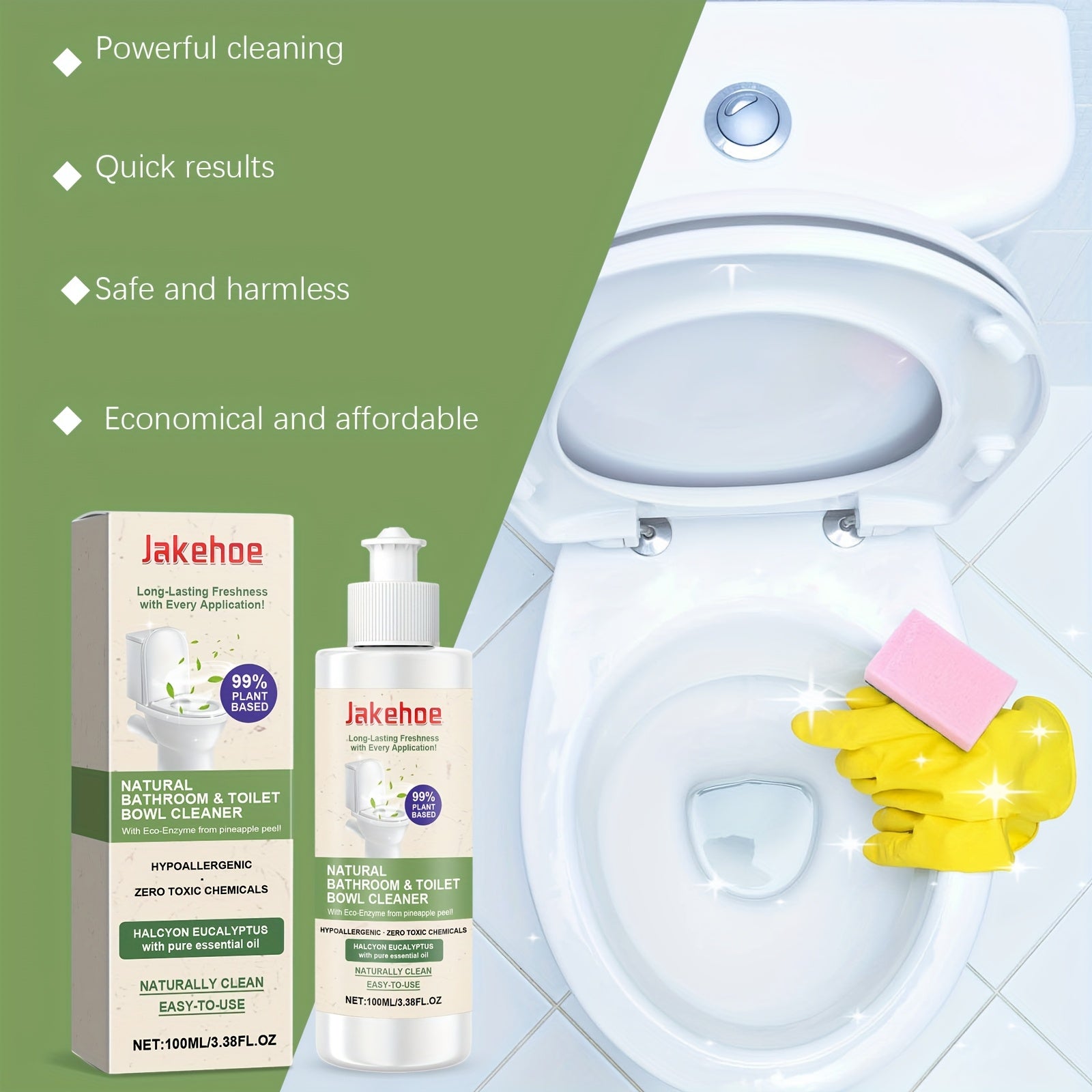 Jakehoe Toilet Bowl Cleaner — гипоаллергенное, не оставляющее следов жидкое средство. Объем менее 1 литра (100 мл/3,38 фл oz), эта мягкая формула содержит пищевую соду, которая эффективно устраняет запахи и безопасна для использования на керамике.