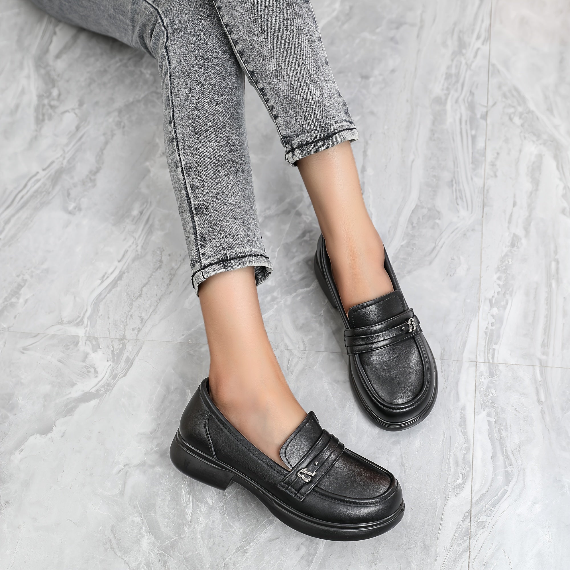 Women's Black Faux Leather Slip-On Loafers with Thick Sole