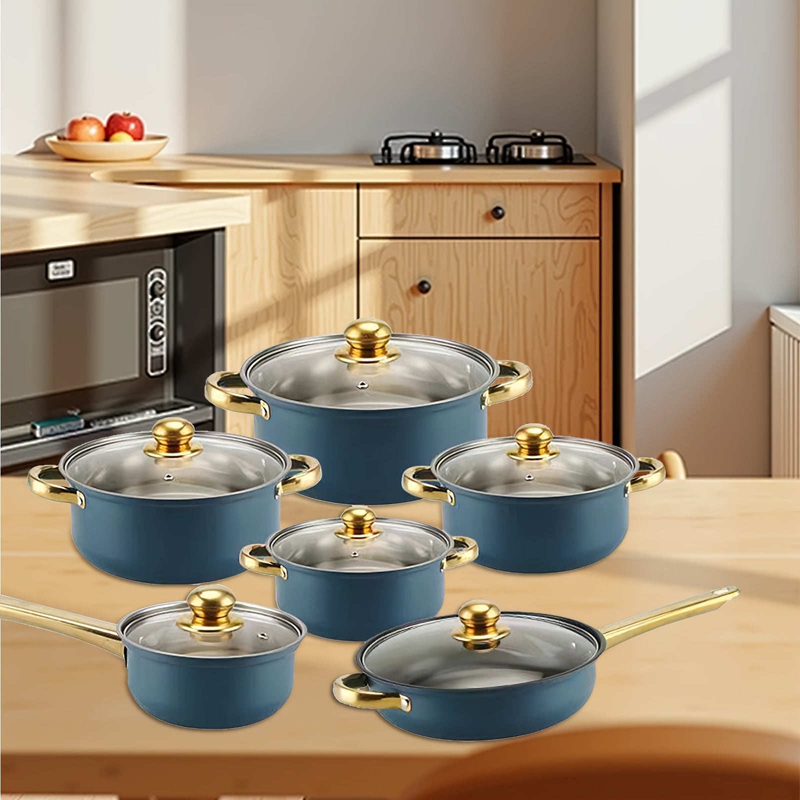 6-Piece Stainless Steel Cookware Set with Blue Lids, Soup Pans, Frying Pans