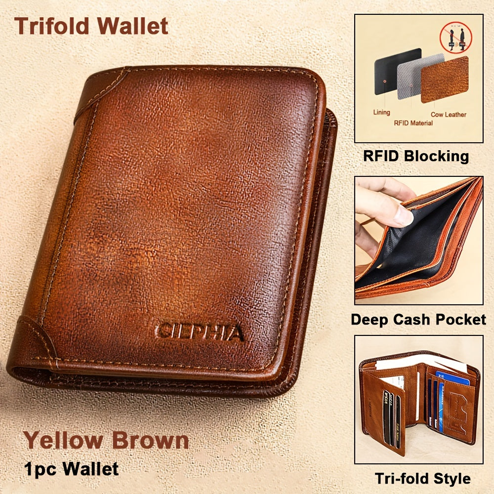 Vintage Genuine Leather Wallet for Men RFID Blocking Deep Brown Slim Bi-Fold