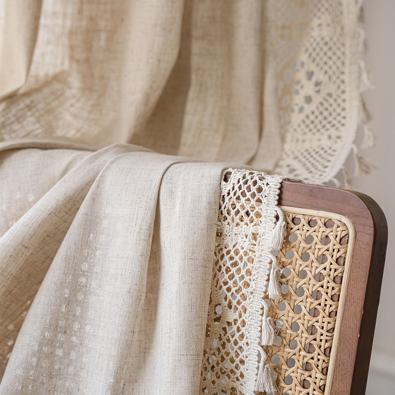 Linen Crochet Curtain with Tassels Semi-Sheer Rod Pocket Farmhouse Style for Living Room Bedroom Kitchen