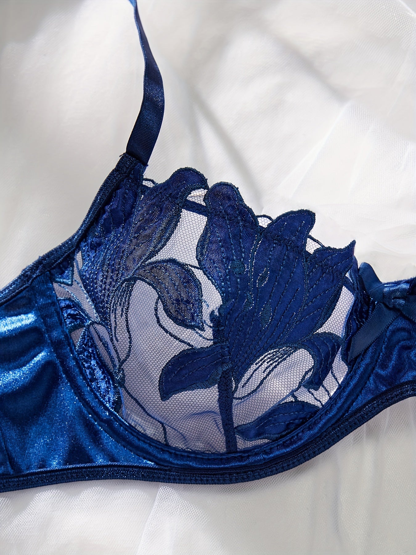 Women's Floral Embroidery Semi Sheer Lingerie Set with Bra and Thong