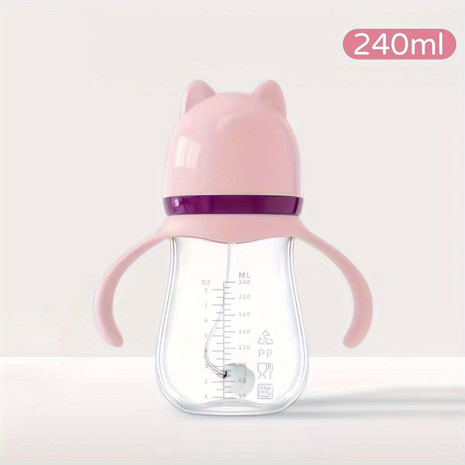 Baby Bottle 240ml with Cat Ears Heat-Resistant PP Wide Mouth Shatterproof for Newborns