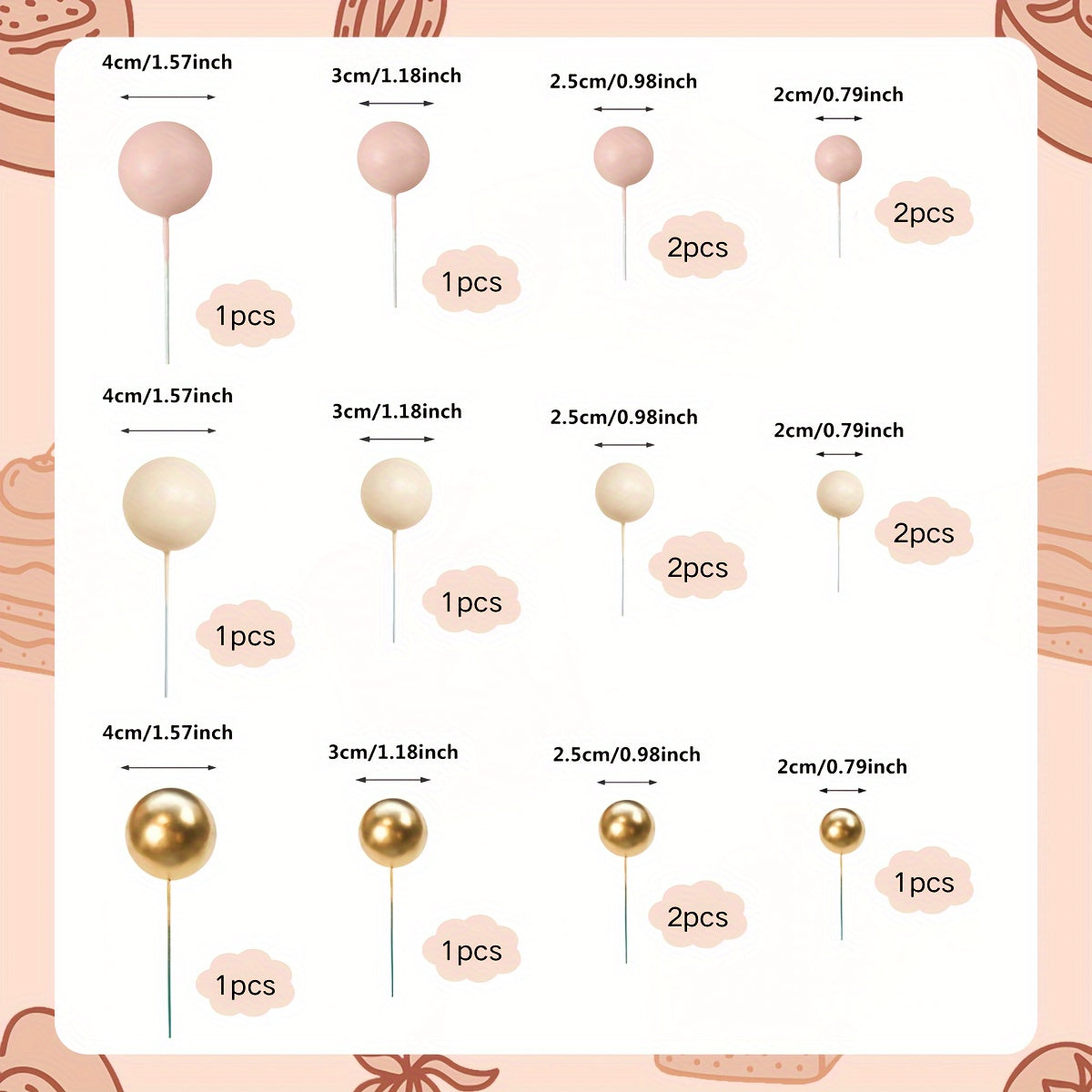 Set of 17 Cake Decoration Balls in Nude and Coffee Colors for Birthday and Wedding Cakes