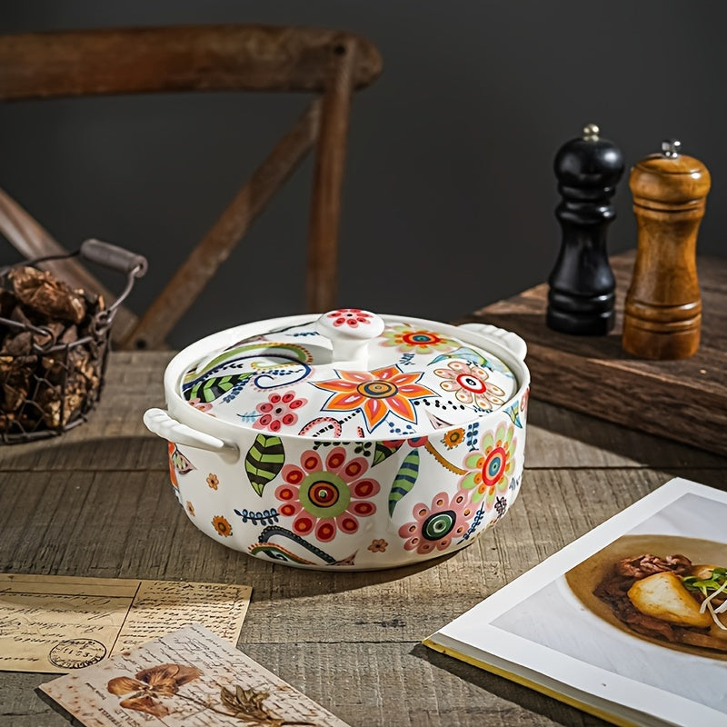 Ceramic Traditional Chinese Style Soup Pot with Double Handles Floral Pattern and Lid