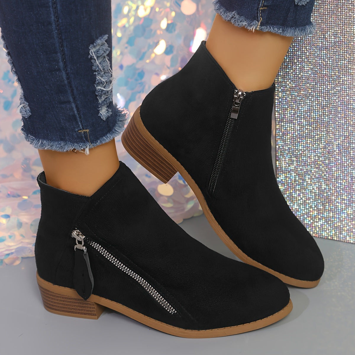 Women's Leather Ankle Boots with Chunky Heel and Double Zipper