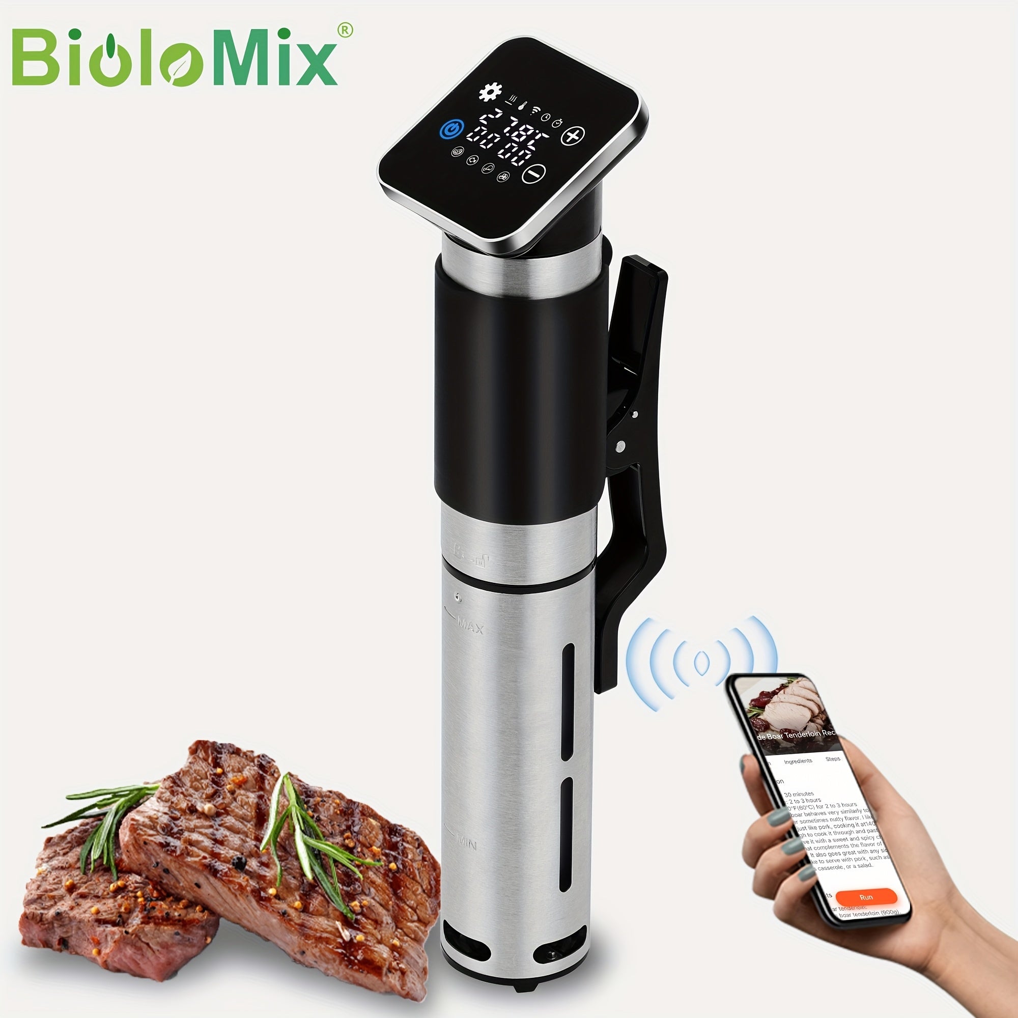 Biolomix 5-avlod WiFi Vacuum Sealer - Stainless Steel, Aqlli App Boshqaruvi, Past Haroratli Sekin Pishiruvchi, Yevropa Ulanishi, Batareyasiz, Go'sht va Sabzavotlarni Yopish uchun Ideal