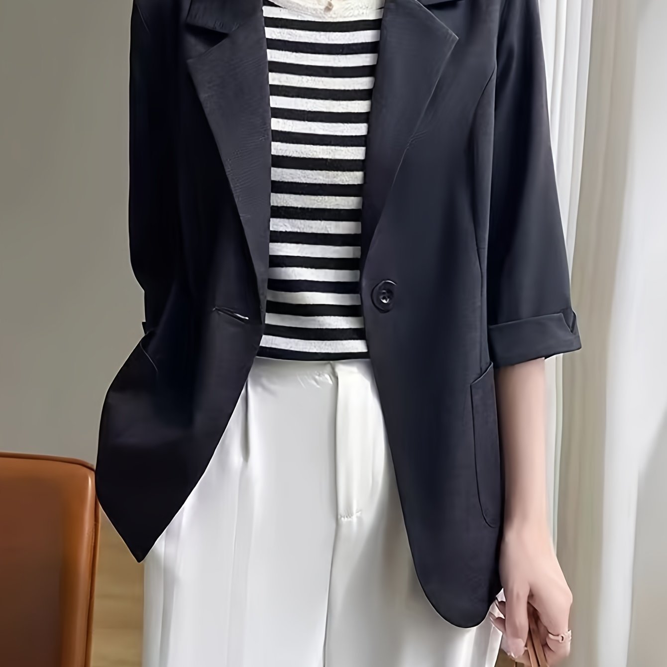 Plus Size Women's Rayon Linen Blazer Slim-Fit Black Business Coat