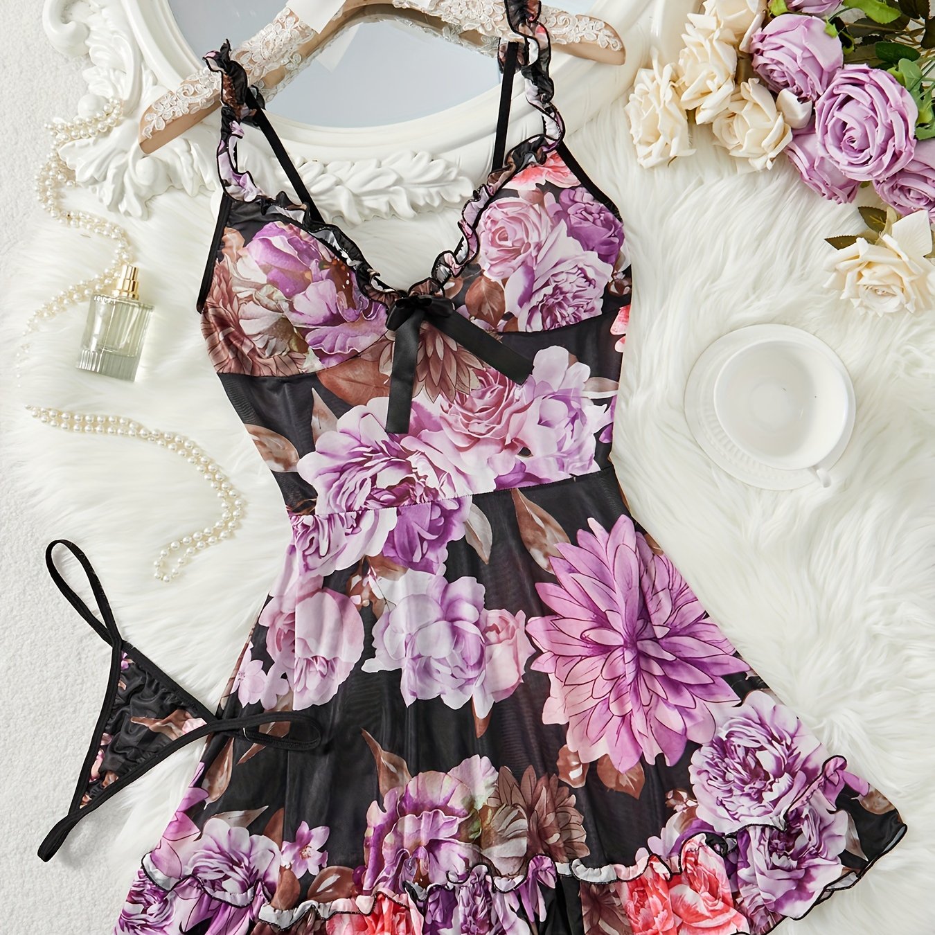 Women's Floral Print Sleepwear Set with Ruffle Hem and Adjustable Straps Includes Nightdress and Thong