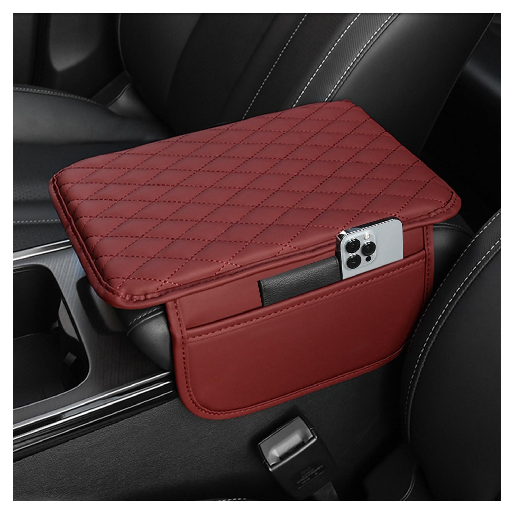 Car Armrest Cushion PU Leather with Storage Bags for Phones and Accessories