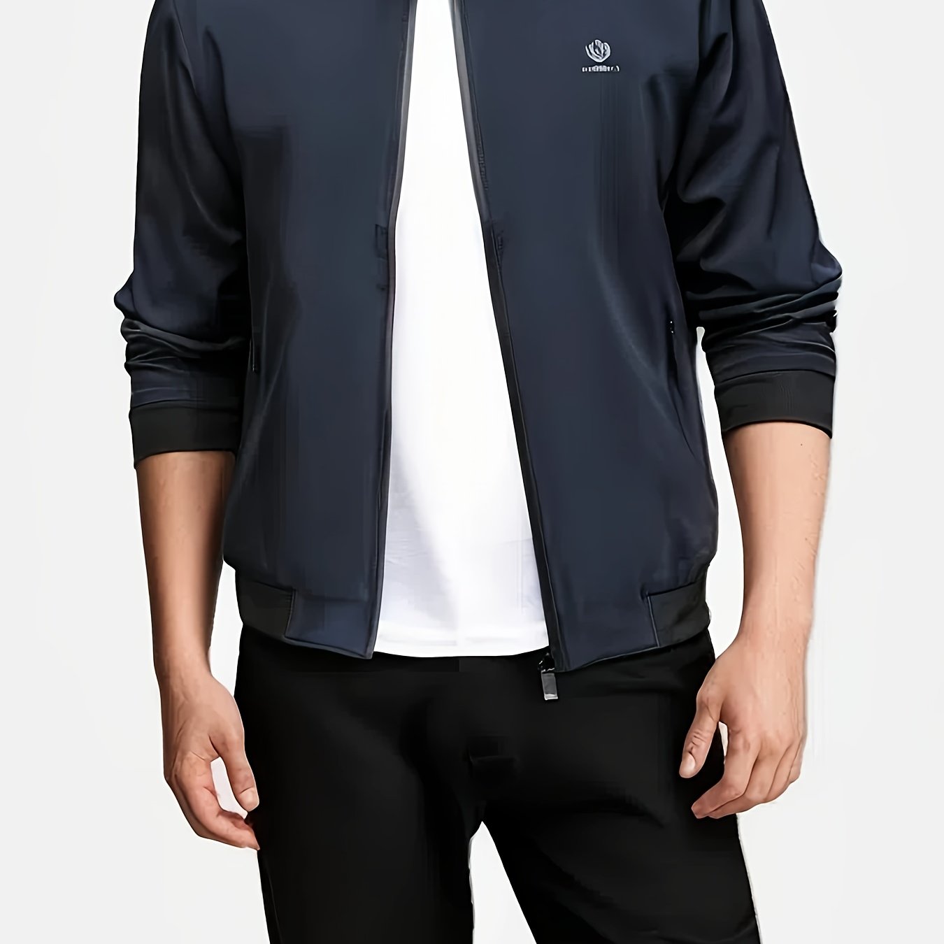 Erkaklar uchun qora polyesterdan tayyorlangan tasodifiy ish jakketi, turli xil fermuarli detallar bilan - mashinada yuvish mumkin, bahor va kuz uchun mukammal