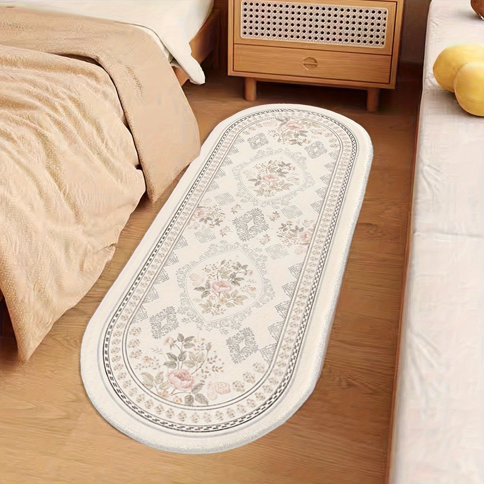 Soft Plush Flower Pattern Oval Rug for Bedroom Living Room Floor Decor