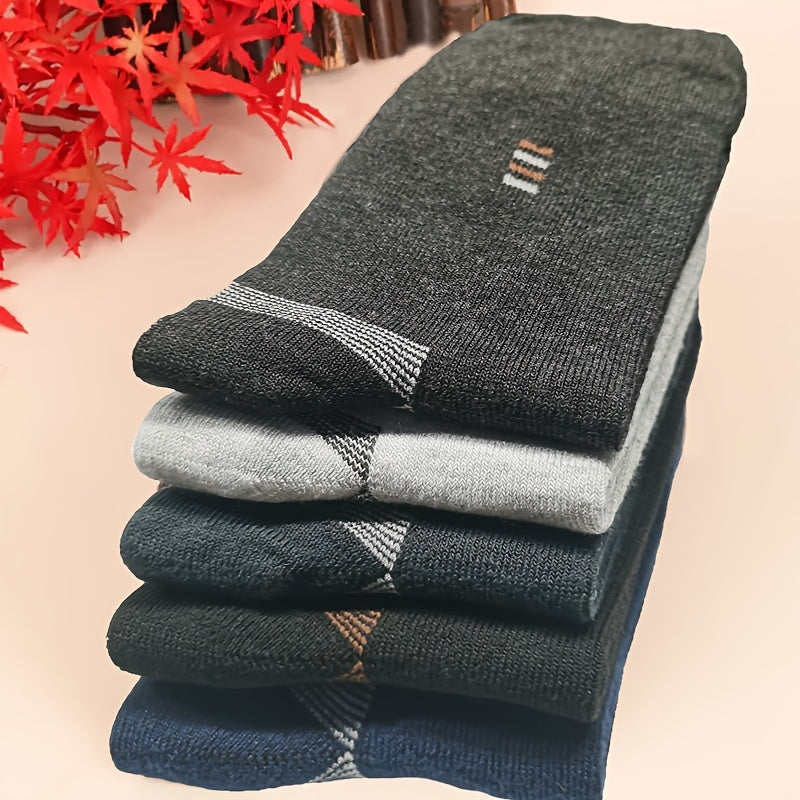 Men's Black Long Socks 5 Pairs Casual Mid-Calf Knit Polyester Cotton Spandex