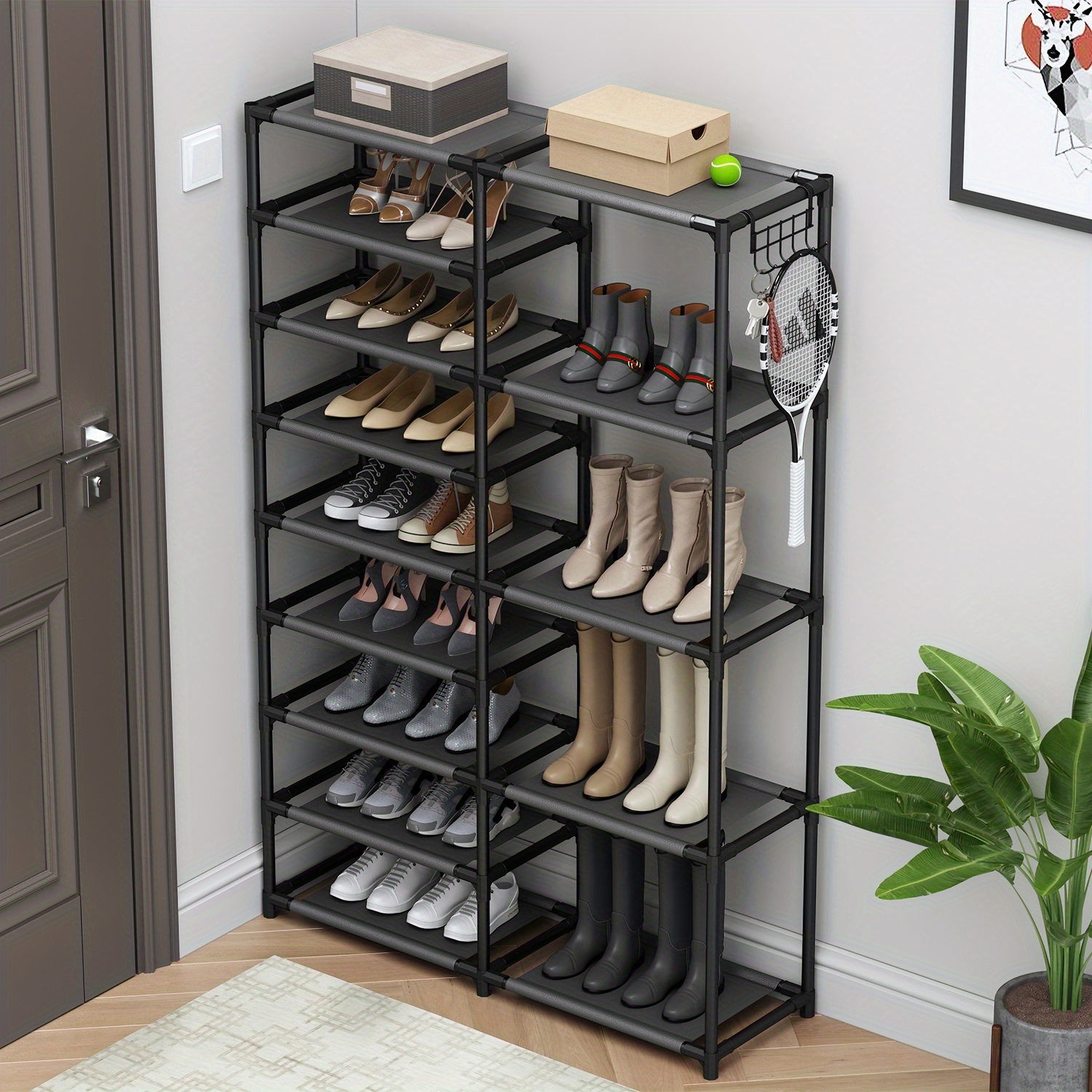 Black Shoe Rack Tall Storage Organizer for Garage Holds 24-35 Pairs with Hooks