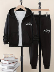 Boys' Black Zip-Up Hoodie and Joggers Set Casual Fall Winter Polyester
