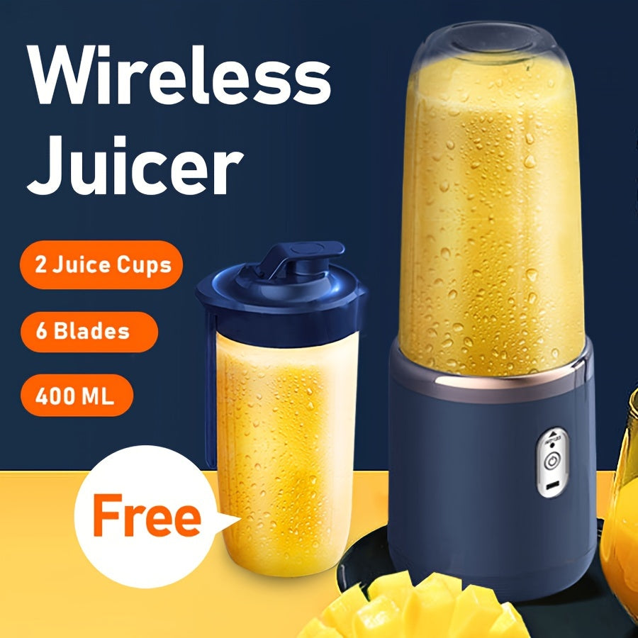 Portable 2-Cup Electric Juicer Blender USB Rechargeable with 6-Blade Design