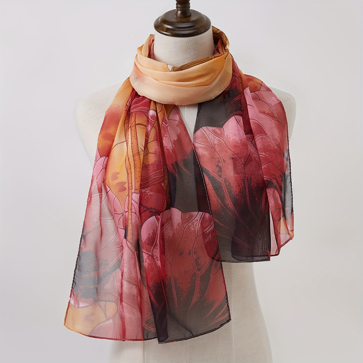 Large Lotus Print Chiffon Scarf for Women Breathable Lightweight Shawl for Travel and Beach