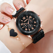 Women's Fashion Casual Watch Set with Quartz Movement Silicone Band Heart Bracelet