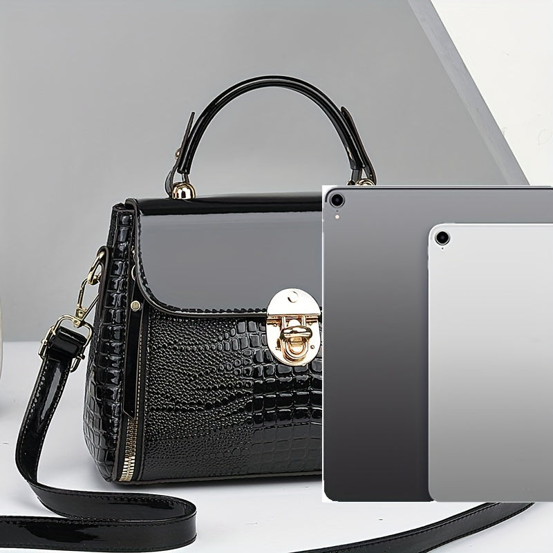 Women's Crocodile Pattern PU Handbag with Buckle Closure and Large Capacity for Shoulder Use
