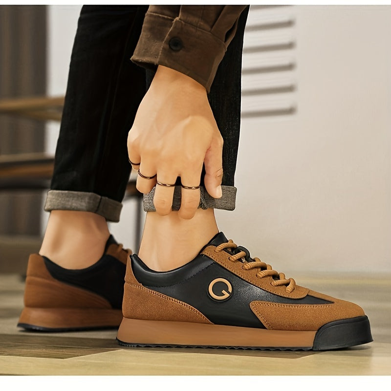 Men's Black Mid-Top Sneakers with Brown Accents Durable PU Upper Rubber Sole Casual Business