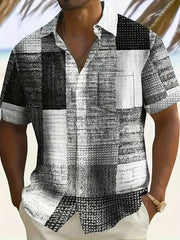 Erkaklar uchun plussiz casual qisqa yengli ko'ylak, tugmachali yopish, geometrik chiziqli naqsh, bahor/kovak uchun tor kesim, bohem uslubida elegant.