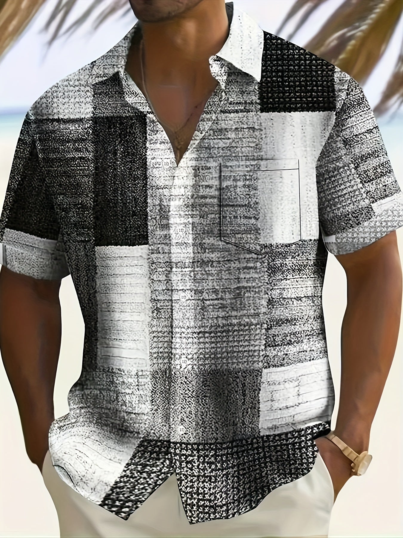 Erkaklar uchun plussiz casual qisqa yengli ko'ylak, tugmachali yopish, geometrik chiziqli naqsh, bahor/kovak uchun tor kesim, bohem uslubida elegant.