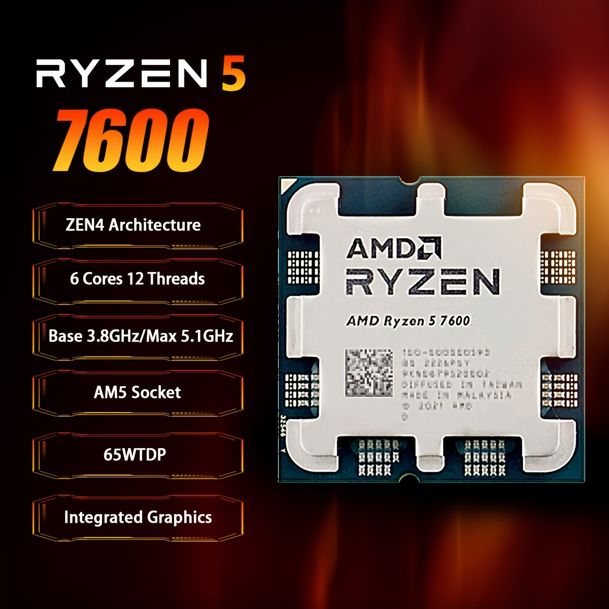AMD Ryzen 5 7600 Desktop CPU Processor 6-Core 12-Thread Socket AM5 No Fan