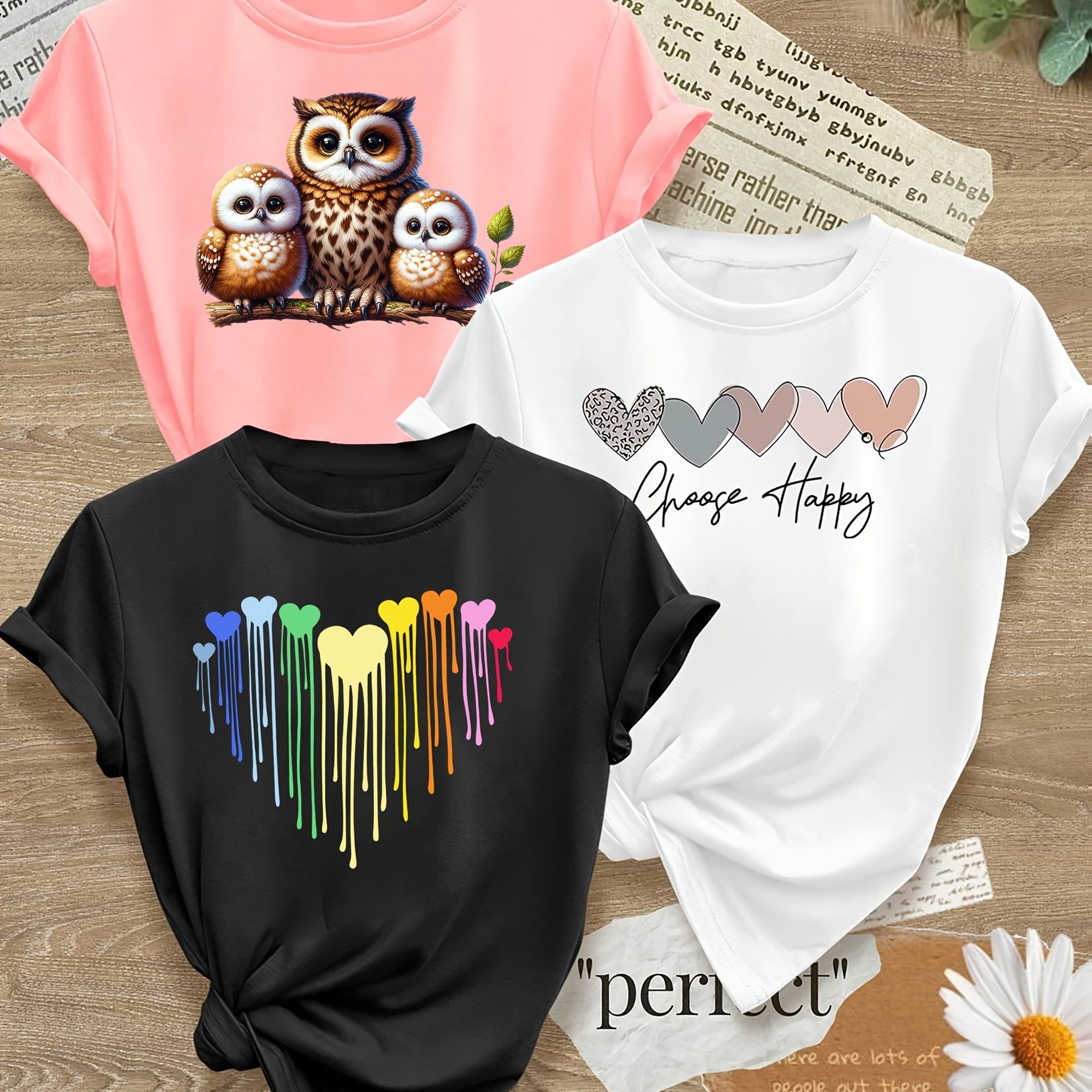 Women's Polyester Casual T-Shirts Set 3 Pack Large Size Heart Butterfly Patterns
